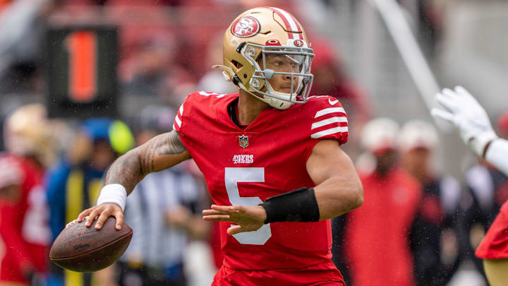 September 18, 2022; Santa Clara, California, USA; San Francisco 49ers quarterback Trey Lance (5)