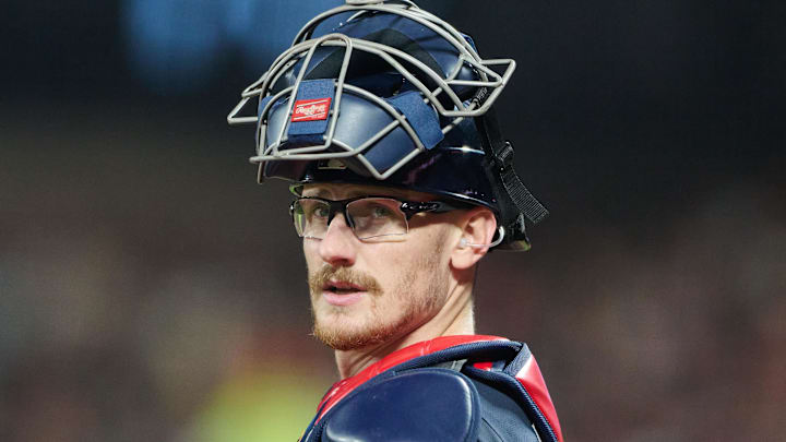 Jun 6, 2025; San Francisco, California, USA; Atlanta Braves catcher Sean Murphy (12) looks on against the San Francisco Giants during the sixth inning at Oracle Park. Mandatory Credit: Robert Edwards-Imagn Images