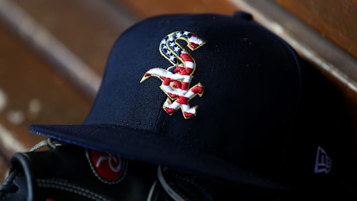 Jul 3, 2018; Cincinnati, OH, USA; A view of the American flag in the Sox logo on an official White Sox New Era on field hat during the game of the Chicago White Sox against the Cincinnati Reds at Great American Ball Park. Mandatory Credit: Aaron Doster-Imagn Images