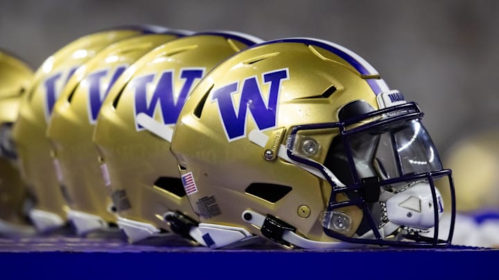 Jan 8, 2024; Houston, TX, USA; Detailed view of Washington Huskies helmet during the 2024 College Football Playoff national championship game at NRG Stadium. Mandatory Credit: Mark J. Rebilas-USA TODAY Sports