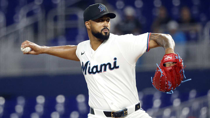 Apr 7, 2026; Miami, Florida, USA;  Miami Marlins starting pitcher Sandy Alcantara (22) pitches against the Cincinnati Reds in the first inning at loanDepot Park. 