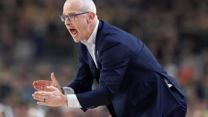 Connecticut Huskies head coach Dan Hurley yells down court during the NCAA Men’s Basketball Tournament Championship against the Purdue Boilermakers, Monday, April 8, 2024, at State Farm Stadium in Glendale, Ariz.