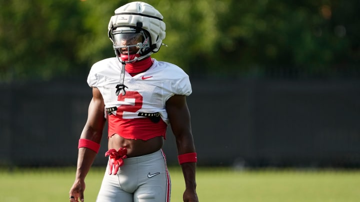 Aug 8, 2024; Columbus, Ohio, USA; Ohio State Buckeyes safety Caleb Downs (2) lines up during football practice at the Woody Hayes Athletic Complex. Aug 8, 2024; Columbus, Ohio, USA; Ohio State Buckeyes safety Caleb Downs (2) lines up during football practice at the Woody Hayes Athletic Complex.