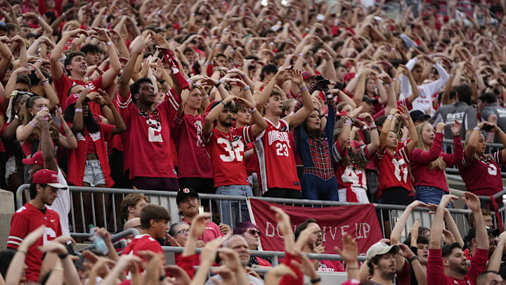 Ohio State Buckeyes fans and students cheer during the NCAA football game against the Ohio Bobcats at Ohio Stadium on Sept. 13, 2025. Ohio State won 37-9.