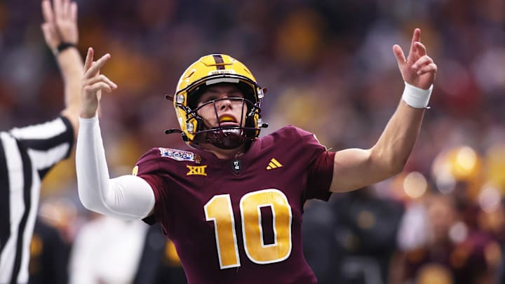 Jan 1, 2025; Atlanta, GA, USA; Arizona State Sun Devils quarterback Sam Leavitt (10) reacts after a play against the Texas Longhorns during the second half of the Peach Bowl at Mercedes-Benz Stadium. Mandatory Credit: Brett Davis-Imagn Images