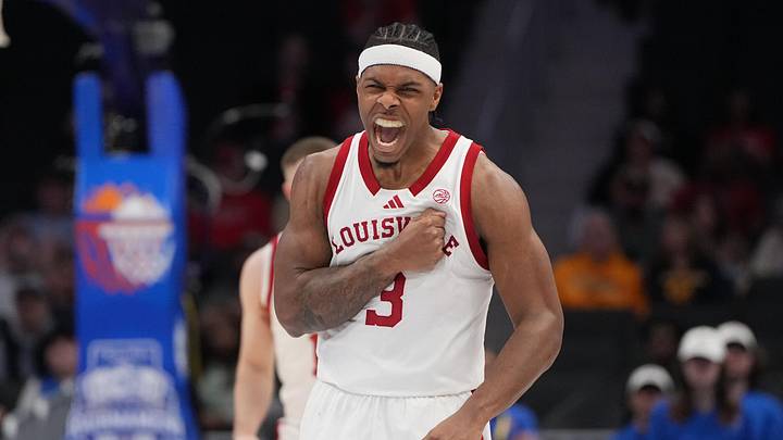 Mar 11, 2026; Charlotte, NC, USA; Louisville Cardinals guard Ryan Conwell (3) reacts late in the second half at Spectrum Center. Mandatory Credit: Bob Donnan-Imagn Images