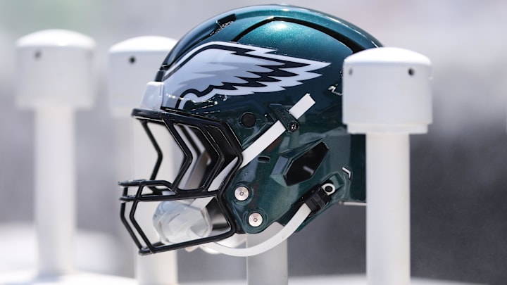 Aug 16, 2025; Philadelphia, Pennsylvania, USA; Philadelphia Eagles helmet on the bench during a game against the Cleveland Browns at Lincoln Financial Field. Mandatory Credit: Bill Streicher-Imagn Images