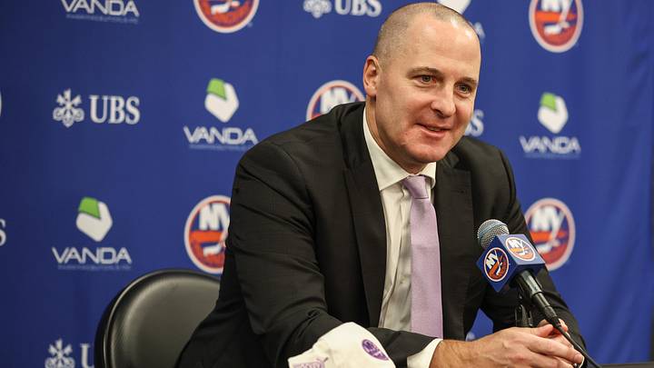 Nov 22, 2025; Elmont, New York, USA; New York Islanders General Manager Mathieu Darche speaks with fans at a pre-game event prior to the game against the St. Louis Blues at UBS Arena.