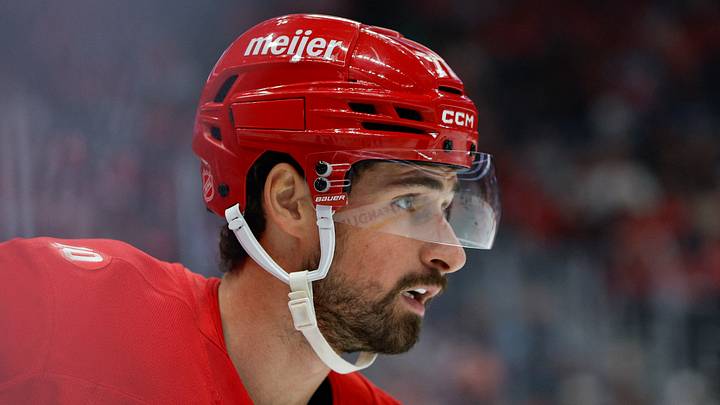 Oct 17, 2025; Detroit, Michigan, USA; Detroit Red Wings center Dylan Larkin (71) looks on during the first period of the game between the Detroit Red Wings and the Tampa Bay Lightning at Little Caesars Arena. Mandatory Credit: Brian Bradshaw Sevald-Imagn Images