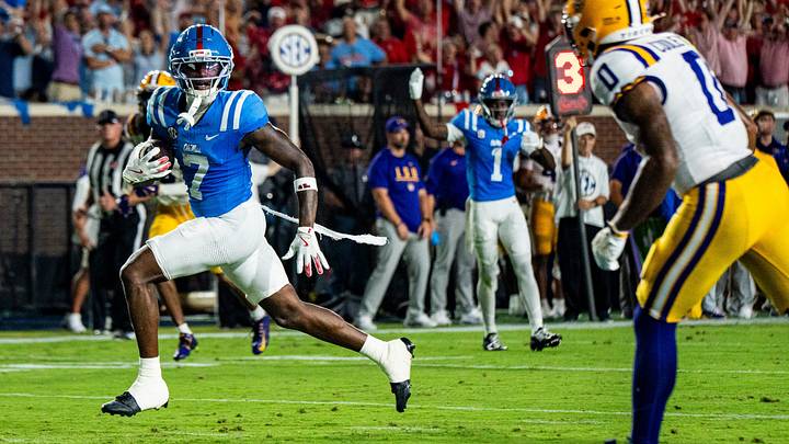 Ole Miss wide receiver Traylon Ray (7) carries the ball for a touchdown during a college football game between Ole Miss and LSU at Vaught Hemingway Stadium in Oxford, Miss., on Saturday, Sept. 19, 2026. Ole Miss defeated LSU 32-24. Ole Miss wide receiver Traylon Ray (7) carries the ball for a touchdown during a college football game between Ole Miss and LSU at Vaught Hemingway Stadium in Oxford, Miss., on Saturday, Sept. 19, 2026. Ole Miss defeated LSU 32-24.