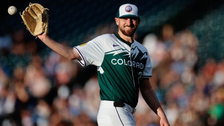 Jul 6, 2024; Denver, Colorado, USA; Colorado Rockies starting pitcher Austin Gomber (26) in the third inning against the Kansas City Royals at Coors Field. Mandatory Credit: Isaiah J. Downing-USA TODAY Sports