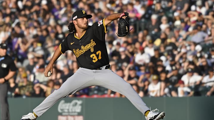 Jun 15, 2024; Denver, Colorado, USA; Pittsburgh Pirates pitcher Jared Jones (37) delivers a pitch in the third inning against the Colorado Rockies at Coors Field. Mandatory Credit: John Leyba-USA TODAY Sports