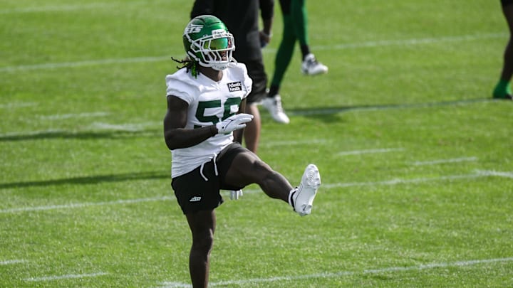 Jul 23, 2025; Florham Park, NY, USA; New York Jets linebacker Quincy Williams (56) warms up during training camp at Atlantic Health Jets Training Center. Mandatory Credit: John Jones-Imagn Images Jul 23, 2025; Florham Park, NY, USA; New York Jets linebacker Quincy Williams (56) warms up during training camp at Atlantic Health Jets Training Center. Mandatory Credit: John Jones-Imagn Images