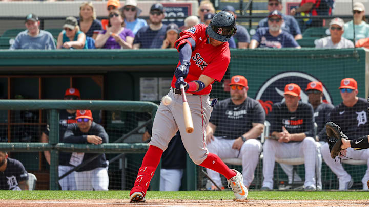 Feb 27, 2025; Lakeland, Florida, USA; Boston Red Sox third baseman Marcelo Mayer (39) hits an RBI triple during the first inning against the Detroit Tigers at Publix Field at Joker Marchant Stadium. Mandatory Credit: Mike Watters-Imagn Images Feb 27, 2025; Lakeland, Florida, USA; Boston Red Sox third baseman Marcelo Mayer (39) hits an RBI triple during the first inning against the Detroit Tigers at Publix Field at Joker Marchant Stadium. Mandatory Credit: Mike Watters-Imagn Images