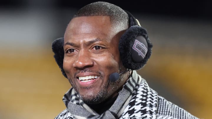 Dec 15, 2025; Pittsburgh, Pennsylvania, USA;  ESPN Monday Night Countdown commentator Ryan Clark performs the pre-game show before the Pittsburgh Steelers host the Miami Dolphins at Acrisure Stadium. Mandatory Credit: Charles LeClaire-Imagn Images