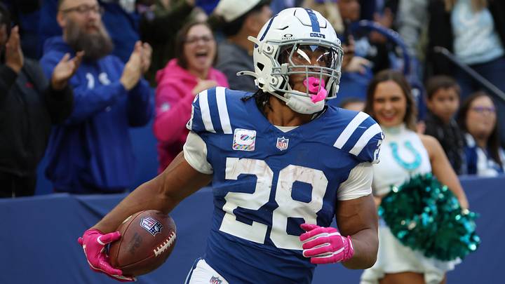 Indianapolis Colts running back Jonathan Taylor (28) reacts during the first half against the Tennessee Titans at Lucas Oil Stadium.  