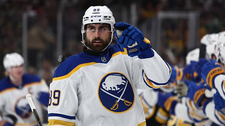 May 1, 2026; Boston, Massachusetts, USA; Buffalo Sabres right wing Alex Tuch (89) points to his goaltender after being congratulated at the bench after scoring against the Boston Bruins during the first period of game six of the first round of the 2026 Stanley Cup Playoffs at TD Garden. Mandatory Credit: Winslow Townson-Imagn Images