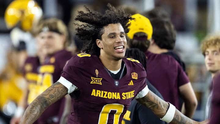 Nov 28, 2025; Tempe, Arizona, USA; Arizona State Sun Devils wide receiver Jordyn Tyson (0) against the Arizona Wildcats during the 99th Territorial Cup at Mountain America Stadium. Mandatory Credit: Mark J. Rebilas-Imagn Images