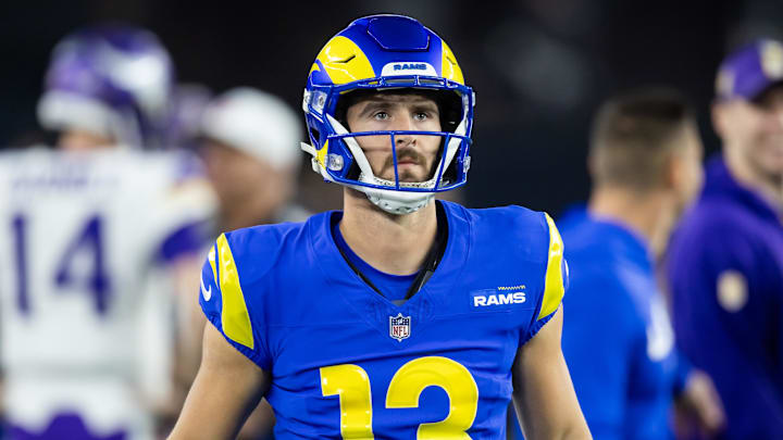 Jan 13, 2025; Glendale, AZ, USA; Los Angeles Rams quarterback Stetson Bennett (13) against the Minnesota Vikings during an NFC wild card game at State Farm Stadium. Mandatory Credit: Mark J. Rebilas-Imagn Images Jan 13, 2025; Glendale, AZ, USA; Los Angeles Rams quarterback Stetson Bennett (13) against the Minnesota Vikings during an NFC wild card game at State Farm Stadium. Mandatory Credit: Mark J. Rebilas-Imagn Images