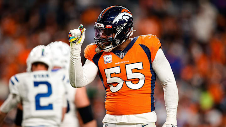 Oct 6, 2022; Denver, Colorado, USA; Denver Broncos linebacker Bradley Chubb (55) gestures after a play in the second quarter against the Indianapolis Colts at Empower Field at Mile High. 