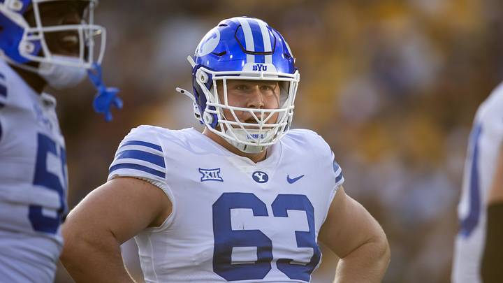 Nov 23, 2024; Tempe, Arizona, USA; Brigham Young Cougars offensive lineman Bruce Mitchell (63) against the Arizona State Sun Devils at Mountain America Stadium. Mandatory Credit: Mark J. Rebilas-Imagn Images