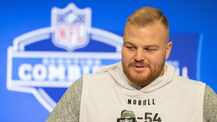 Mar 2, 2024; Indianapolis, IN, USA; Michigan offensive lineman Drake Nugent (OL54) talks to the media during the 2024 NFL Combine at Lucas Oil Stadium. Mandatory Credit: Trevor Ruszkowski-Imagn Images Mar 2, 2024; Indianapolis, IN, USA; Michigan offensive lineman Drake Nugent (OL54) talks to the media during the 2024 NFL Combine at Lucas Oil Stadium. Mandatory Credit: Trevor Ruszkowski-Imagn Images