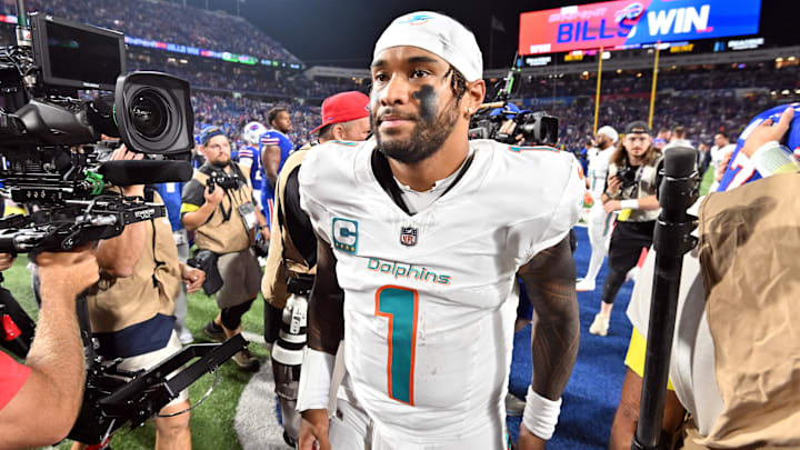 Miami Dolphins quarterback Tua Tagovailoa (1) looks on after the game against the Buffalo Bills at Highmark Stadium. Miami Dolphins quarterback Tua Tagovailoa (1) looks on after the game against the Buffalo Bills at Highmark Stadium.