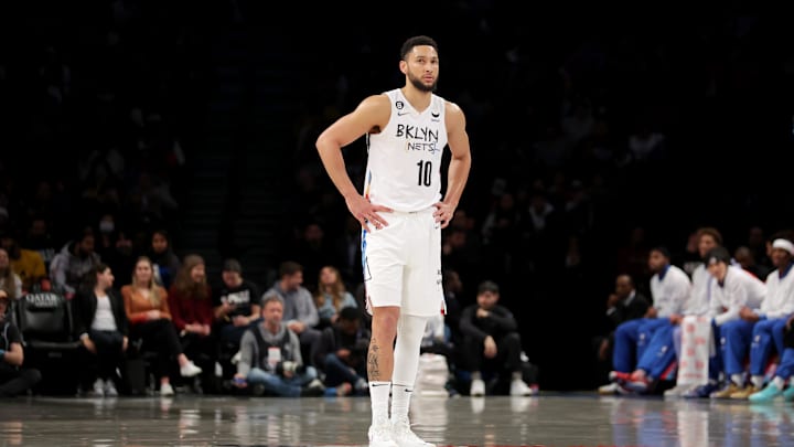 Jan 26, 2023; Brooklyn, New York, USA; Brooklyn Nets guard Ben Simmons (10) reacts during the first quarter against the Detroit Pistons at Barclays Center. Mandatory Credit: Brad Penner-Imagn Images