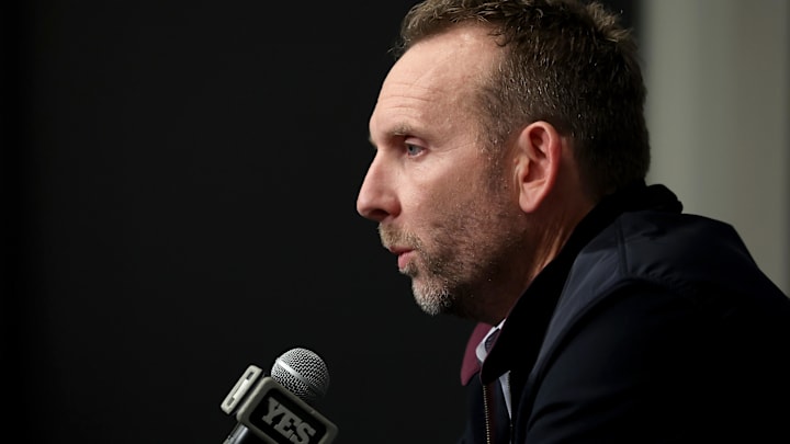 Nov 9, 2022; Brooklyn, New York, USA; Brooklyn Nets general manager Sean Marks speaks during a press conference before a game against the New York Knicks at Barclays Center. Mandatory Credit: Brad Penner-Imagn Images
