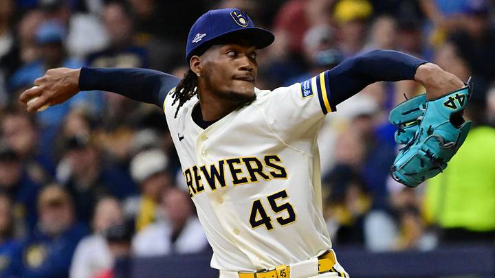 Oct 11, 2026; Milwaukee, Wisconsin, USA; Milwaukee Brewers pitcher Abner Uribe (45) pitches against the Los Angeles Dodgers during the sixth inning in game one of the NLCS for the 2026 MLB Playoffs at American Family Field. Mandatory Credit: Benny Sieu-Imagn Images Oct 11, 2026; Milwaukee, Wisconsin, USA; Milwaukee Brewers pitcher Abner Uribe (45) pitches against the Los Angeles Dodgers during the sixth inning in game one of the NLCS for the 2026 MLB Playoffs at American Family Field. Mandatory Credit: Benny Sieu-Imagn Images