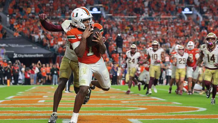 Oct 17, 2026; Miami Gardens, Florida, USA; Miami Hurricanes wide receiver Malachi Toney (1) catches a touchdown during overtime against the Florida State Seminoles at Hard Rock Stadium. Mandatory Credit: Sam Navarro-Imagn Images Oct 17, 2026; Miami Gardens, Florida, USA; Miami Hurricanes wide receiver Malachi Toney (1) catches a touchdown during overtime against the Florida State Seminoles at Hard Rock Stadium. Mandatory Credit: Sam Navarro-Imagn Images