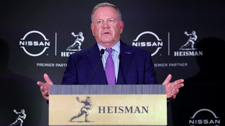 Dec 9, 2023; New York, New York, USA; LSU head coach Brian Kelly speaks to the media during a press