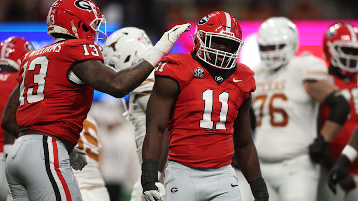 Dec 7, 2024; Atlanta, GA, USA; Georgia Bulldogs linebacker Jalon Walker (11) reacts against the Texas Longhorns during the first half in the 2024 SEC Championship game at Mercedes-Benz Stadium. Mandatory Credit: Brett Davis-Imagn Images Dec 7, 2024; Atlanta, GA, USA; Georgia Bulldogs linebacker Jalon Walker (11) reacts against the Texas Longhorns during the first half in the 2024 SEC Championship game at Mercedes-Benz Stadium. Mandatory Credit: Brett Davis-Imagn Images
