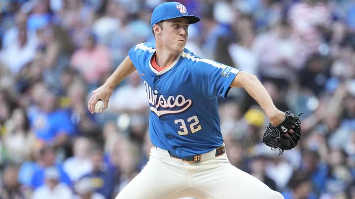 Jun 12, 2026; Milwaukee, Wisconsin, USA; Milwaukee Brewers pitcher Jacob Misiorowski (32) delivers a pitch against the Philadelphia Phillies in the second inning at American Family Field. Jun 12, 2026; Milwaukee, Wisconsin, USA; Milwaukee Brewers pitcher Jacob Misiorowski (32) delivers a pitch against the Philadelphia Phillies in the second inning at American Family Field.