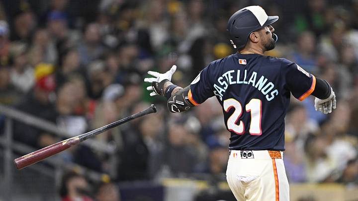 May 22, 2026; San Diego, California, USA; San Diego Padres right fielder Nick Castellanos (21) hits a solo home run during the fifth inning against the Athletics at Petco Park. Mandatory Credit: Denis Poroy-Imagn Images