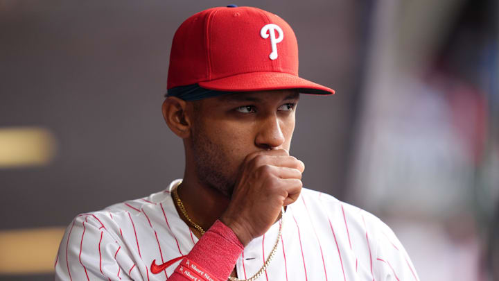 May 12, 2025; Philadelphia, Pennsylvania, USA; Philadelphia Phillies outfielder Johan Rojas (23) looks on before the game against the St. Louis Cardinals at Citizens Bank Park