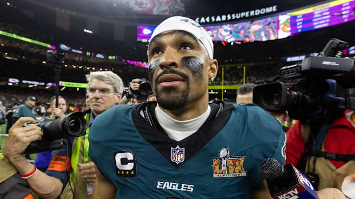 Feb 9, 2025; New Orleans, LA, USA; Philadelphia Eagles quarterback Jalen Hurts (1) after defeating the Kansas City Chiefs to win Super Bowl LIX at Ceasars Superdome. Mandatory Credit: Mark J. Rebilas-Imagn Images