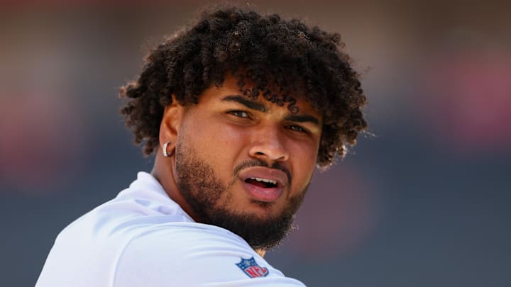 Sep 22, 2024; Tampa, Florida, USA; Tampa Bay Buccaneers offensive tackle Tristan Wirfs (78) warms up before a game against the Denver Broncos at Raymond James Stadium. Mandatory Credit: Nathan Ray Seebeck-Imagn Images