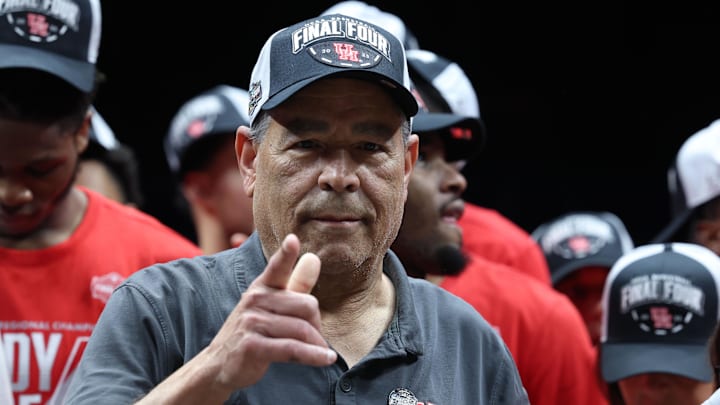 Mar 30, 2025; Indianapolis, IN, USA; Houston Cougars head coach Kelvin Sampson reacts on stage after defeating the Tennessee Volunteers during the Midwest Regional final of the 2025 NCAA tournament at Lucas Oil Stadium.