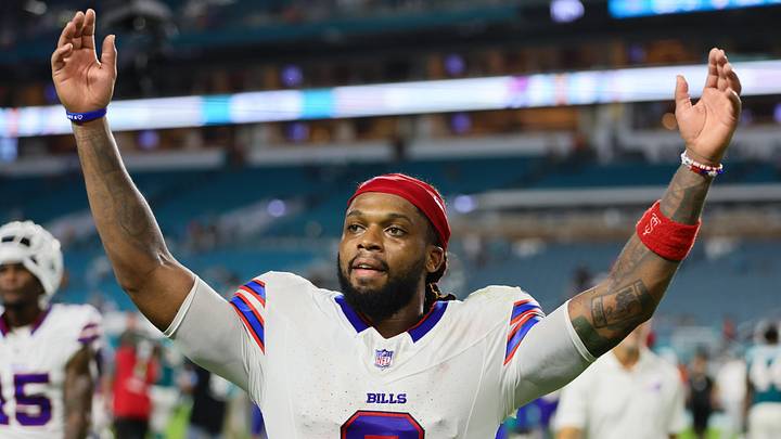 Buffalo Bills safety Damar Hamlin (3) celebrates after the game against the Miami Dolphins at Hard Rock Stadium. Buffalo Bills safety Damar Hamlin (3) celebrates after the game against the Miami Dolphins at Hard Rock Stadium.
