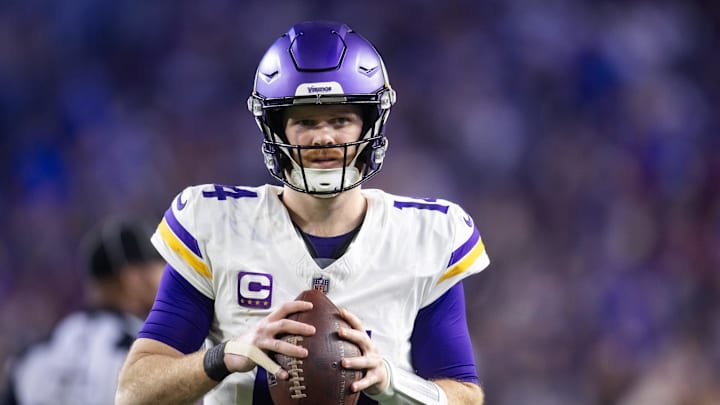 Jan 13, 2025; Glendale, AZ, USA; Minnesota Vikings quarterback Sam Darnold (14) against the Los Angeles Rams during an NFC wild card game at State Farm Stadium. Mandatory Credit: Mark J. Rebilas-Imagn Images Jan 13, 2025; Glendale, AZ, USA; Minnesota Vikings quarterback Sam Darnold (14) against the Los Angeles Rams during an NFC wild card game at State Farm Stadium. Mandatory Credit: Mark J. Rebilas-Imagn Images