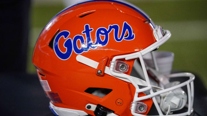 Nov 18, 2023; Columbia, Missouri, USA; A general view of a Florida Gators helmet against the Missouri Tigers during the game at Faurot Field at Memorial Stadium. Mandatory Credit: Denny Medley-Imagn Images