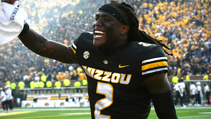 Sep 6, 2025; Columbia, Missouri, USA; Missouri Tigers cornerback Toriano Pride Jr. (2) celebrates after the Tigers' 42-31 victory in the Border War against the Kansas Jayhawks at Faurot Field at Memorial Stadium. Sep 6, 2025; Columbia, Missouri, USA; Missouri Tigers cornerback Toriano Pride Jr. (2) celebrates after the Tigers' 42-31 victory in the Border War against the Kansas Jayhawks at Faurot Field at Memorial Stadium.