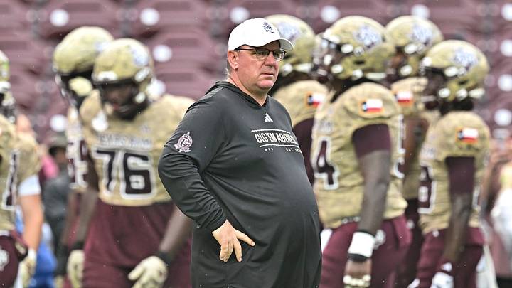 Oct 3, 2026; College Station, Texas, USA; Texas A&M Aggies head coach Mike Elko looks on prior to the game against the Arkansas Razorbacks at Kyle Field. Mandatory Credit: Maria Lysaker-Imagn Images