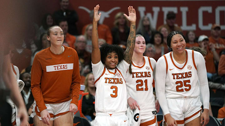 Feb 22, 2026; Austin, Texas, USA; Texas Longhorns guard Rori Harmon (3) reacts from the bench during the second half against the Mississippi Rebels at Moody Center. Mandatory Credit: Dustin Safranek-Imagn Images