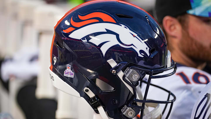 Oct 12, 2023; Kansas City, Missouri, USA; A general view of a Denver Broncos helmet against the Kansas City Chiefs prior to a game at GEHA Field at Arrowhead Stadium. Mandatory Credit: Denny Medley-Imagn Images