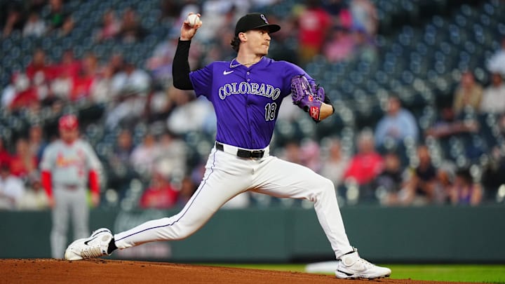 Sep 24, 2024; Denver, Colorado, USA; Colorado Rockies starting pitcher Ryan Feltner (18) pitches in the first inning against the St. Louis Cardinals at Coors Field. Mandatory Credit: Ron Chenoy-Imagn Images