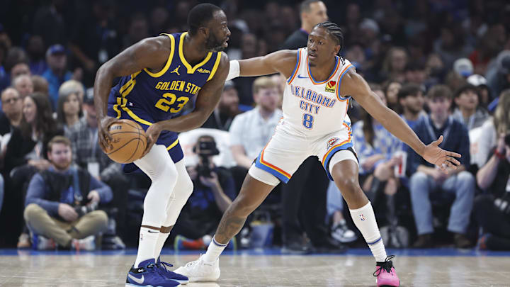 Dec 8, 2023; Oklahoma City, Oklahoma, USA; Oklahoma City Thunder forward Jalen Williams (8) defends Golden State Warriors forward Draymond Green (23) during the first quarter at Paycom Center. Mandatory Credit: Alonzo Adams-Imagn Images