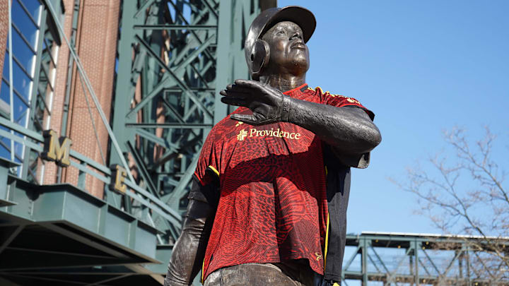 Mar 18, 2023; Seattle, Washington, USA; A statue of Ken Griffey Jr. with a Bruce Lee kit Seattle Sounders FC jersey at T-Mobile Park. Mandatory Credit: Kirby Lee-Imagn Images