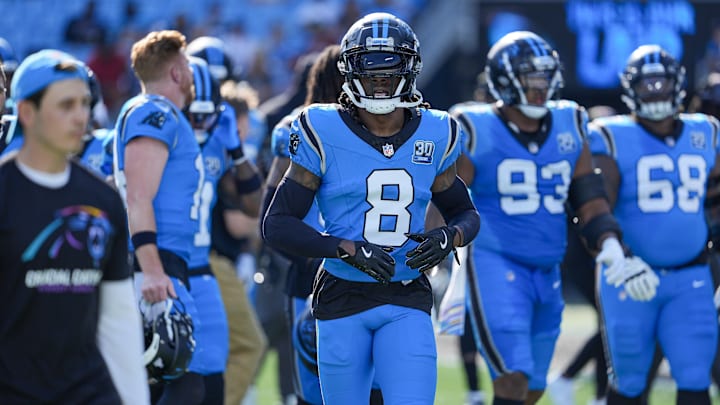 Oct 13, 2024; Charlotte, North Carolina, USA; Carolina Panthers cornerback Jaycee Horn (8) during the first quarter against the Atlanta Falcons at Bank of America Stadium.